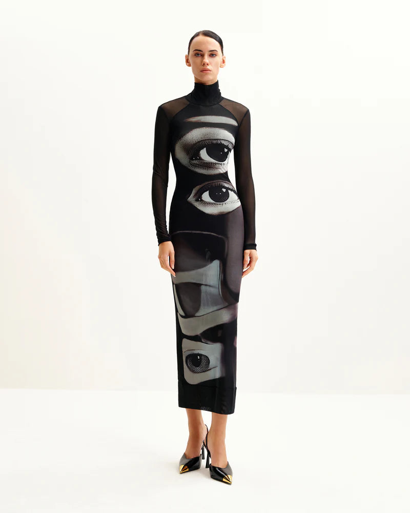 Sophia Eye Print Mesh Dress - BlackWhite