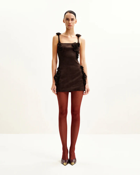 Elaina Black Rosette Applique Mini Dress - Black