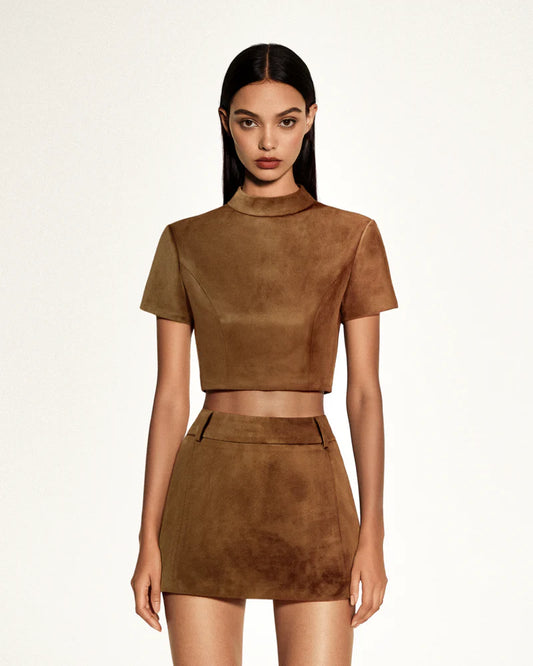 Grace Faux Suede Crop Top and Mini Skirt Set - Chocolate Brown