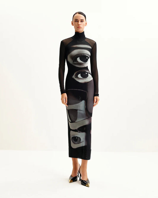 Sophia Eye Print Mesh Dress - BlackWhite